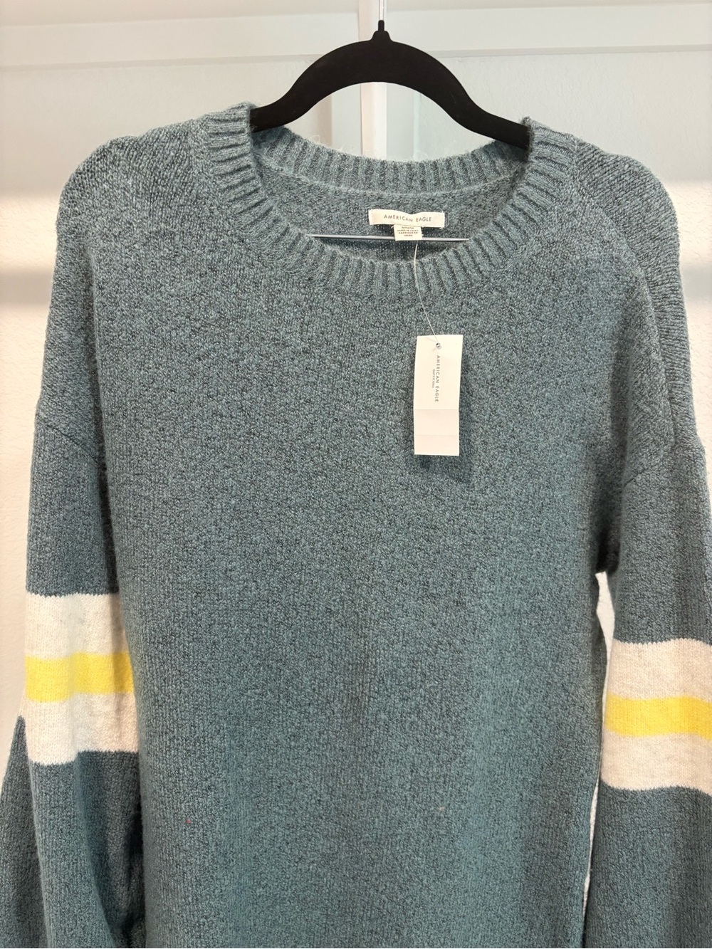 American Eagle Outfitters Light Green Crewneck Sweater with Stripe Sleeve Detail